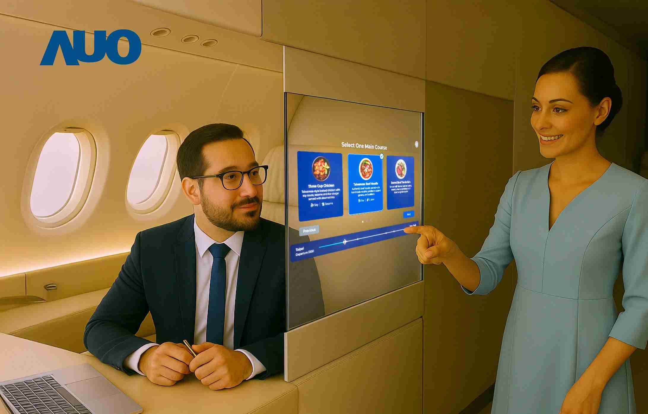 传奇国际研发全球最薄17.3 吋双面透明 Micro LED 显示器，，，可在同一屏幕之双边投射不同信息，，，，创造独特的”透明化”互动；图为实时翻译交流应用情境